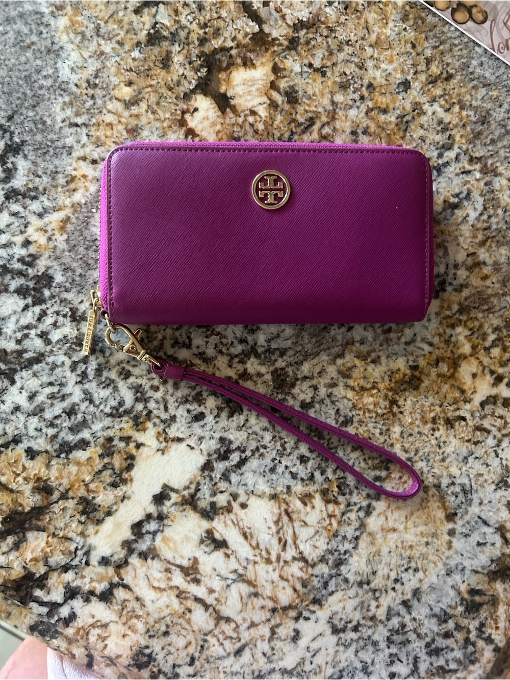 Tory Burch Magenta Zip-Around Wristlet Wallet with Gold Logo